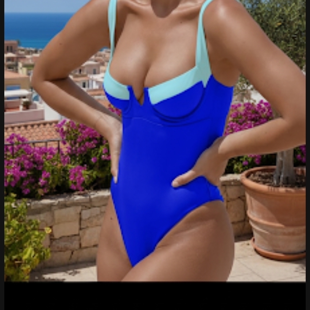 Blue and Light Blue Women's One Piece Swimsuit